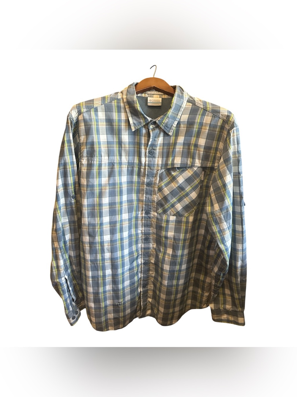 Columbia MensBlue and Yellow Plaid Long-Sleeve Button-Down Shirt Insect Blocker